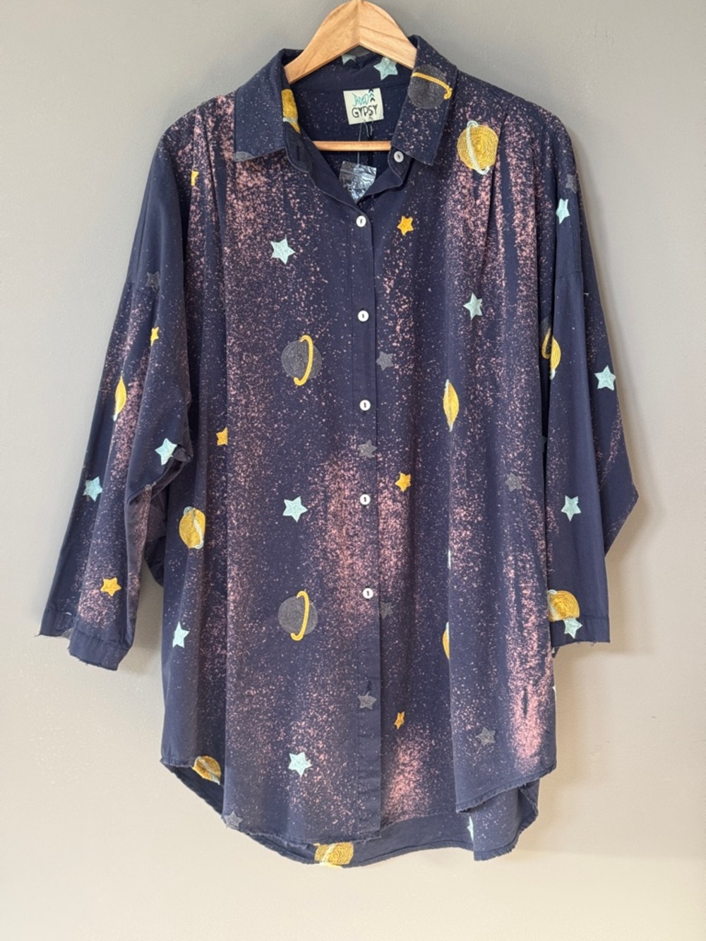 Blue Star & Planet Print Button-Up Shirt